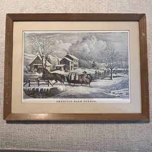 Vintage Currier & Ives American Farm Scenes Winter Lithograph Framed Print 18x14